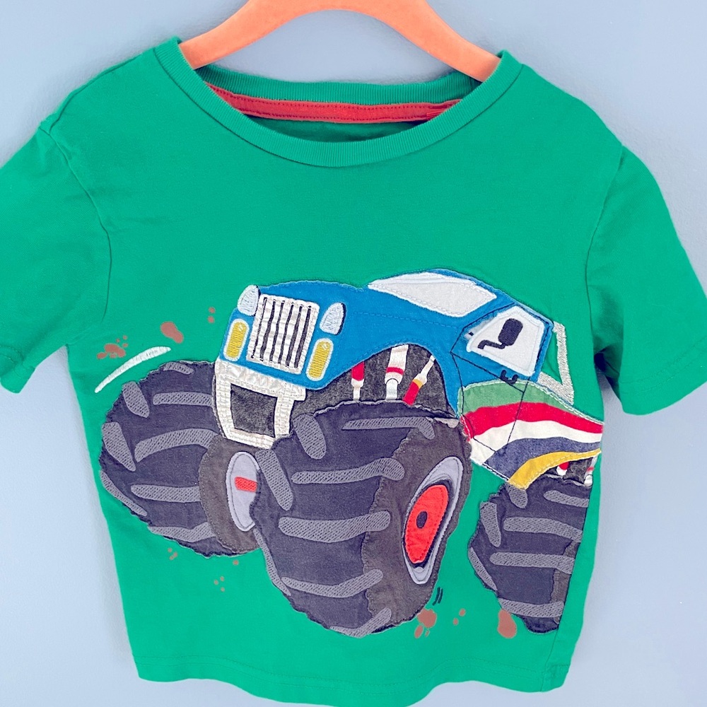 Mini Boden Green Monster Truck with a surprise Frenchie. Size 4-5Y